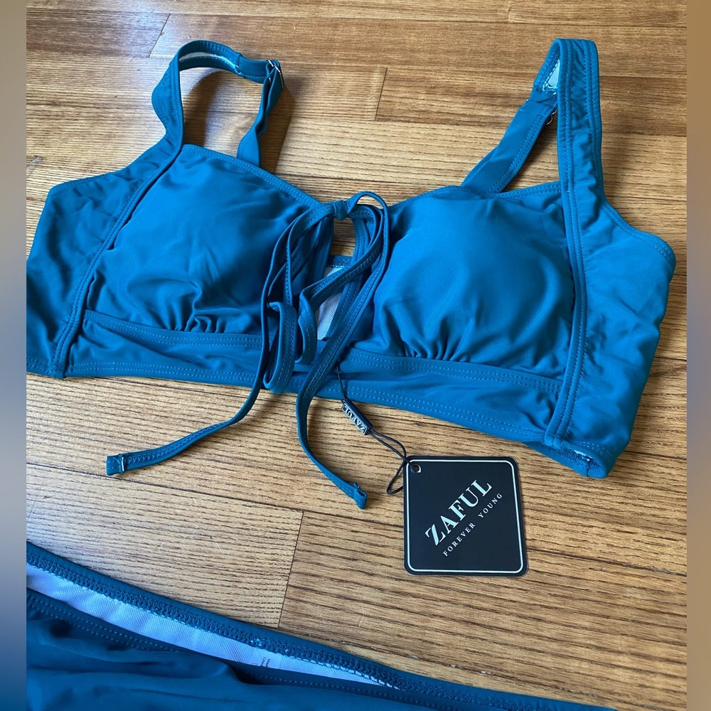 NWT Zaful Dark forest Green womens L Bikini Set high waisted supportive top cups - Picture 5 of 10